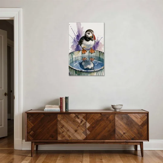 Puffin Admires Its Reflection in the Washtub - Canvas Wall Art - Coffee Table - 24x36