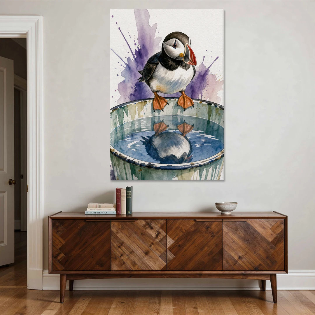 Puffin Admires Its Reflection in the Washtub - Canvas Wall Art - Coffee Table - 40x60