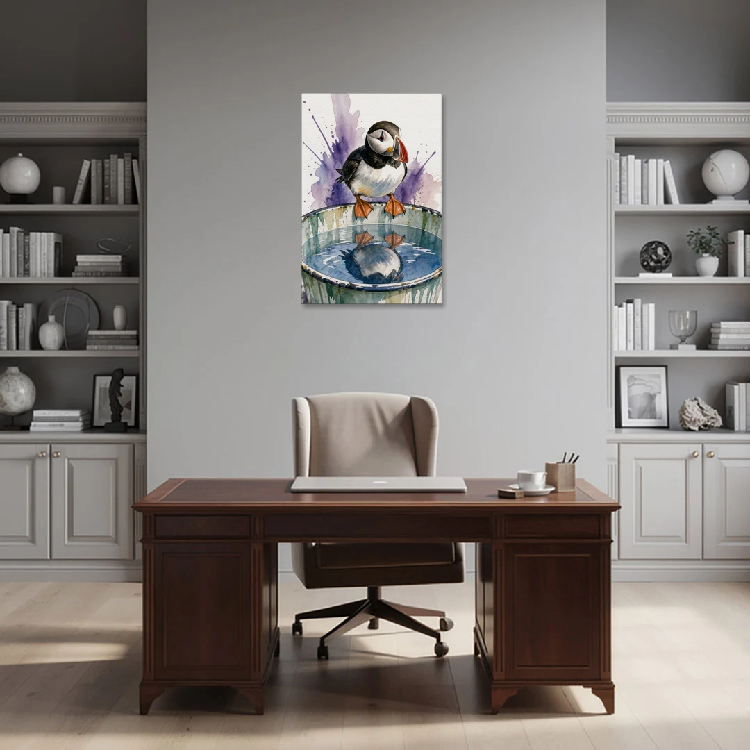 Puffin Admires Its Reflection in the Washtub - Canvas Wall Art - Office - 24x36