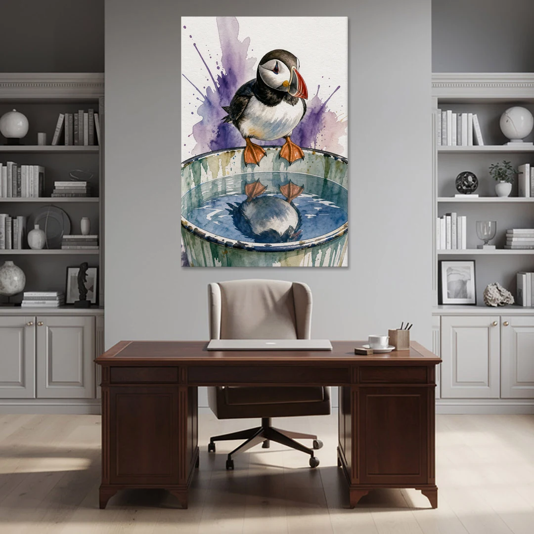 Puffin Admires Its Reflection in the Washtub - Canvas Wall Art - Office - 40x60