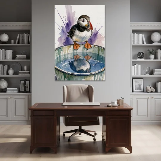 Puffin Admires Its Reflection in the Washtub - Canvas Wall Art - Office - 40x60