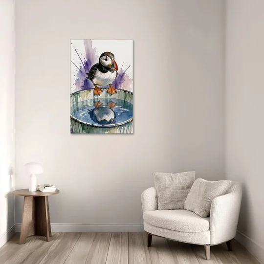 Puffin Admires Its Reflection in the Washtub - Canvas Wall Art - Sofa - 24x36