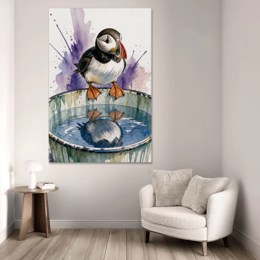Puffin Admires Its Reflection in the Washtub - Canvas Wall Art - Sofa - 40x60
