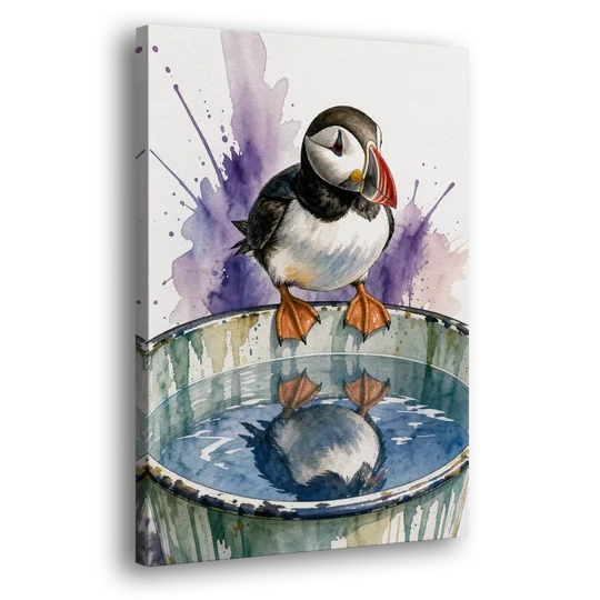 Puffin Admires Its Reflection in the Washtub - Canvas Wall Art - Side