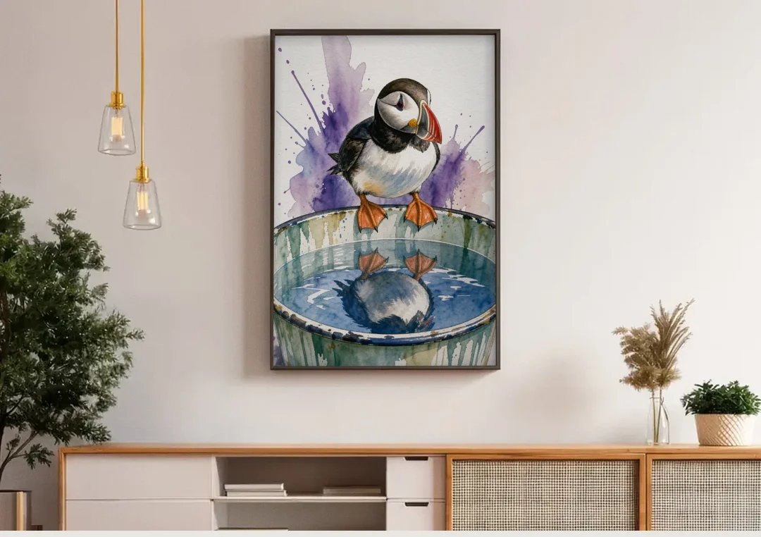 Puffin Admires Its Reflection in the Washtub canvas wall art above a wooden sideboard under pendant lights