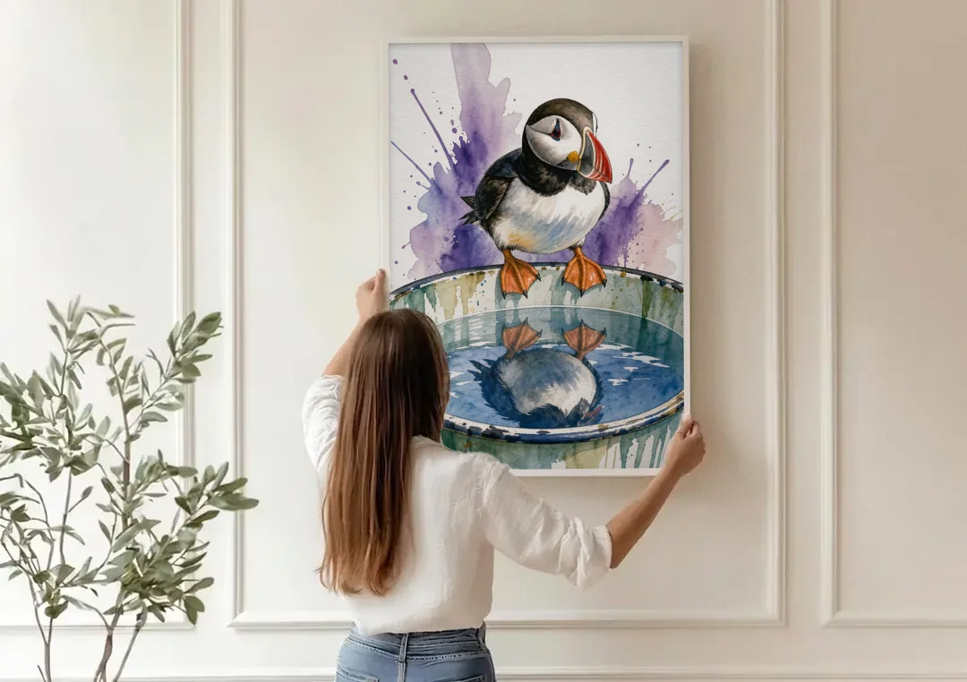Puffin Admires Its Reflection in the Washtub canvas wall art being hung on a paneled wall