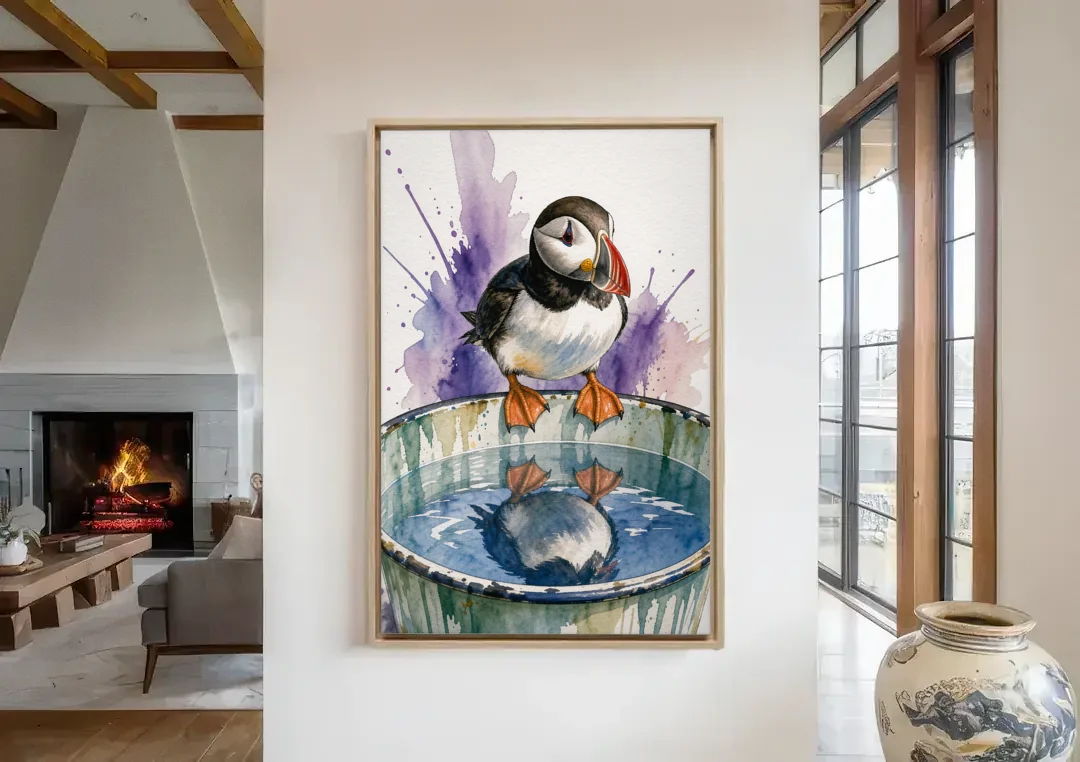 Puffin Admires Its Reflection in the Washtub canvas wall art in a living room with a fireplace