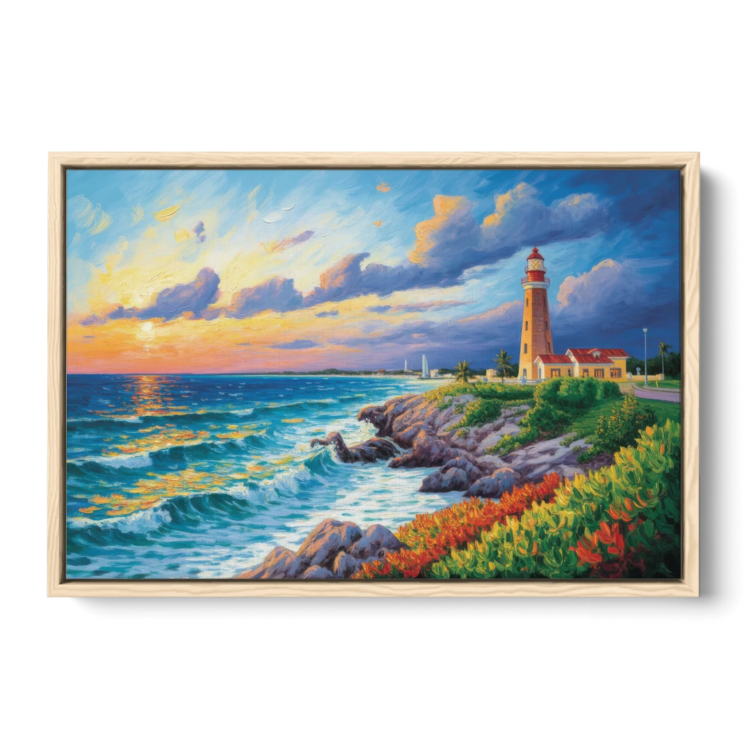 Punta Cancún Lighthouse - Oak Framed Canvas Wall Art - Front