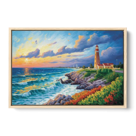 Punta Cancún Lighthouse - Oak Framed Canvas Wall Art - Front