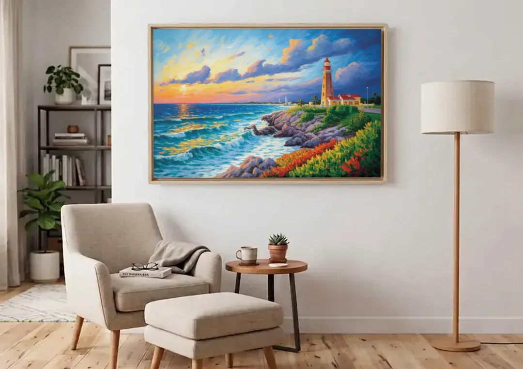 Punta Cancún Lighthouse canvas wall art above an armchair in a bright living room