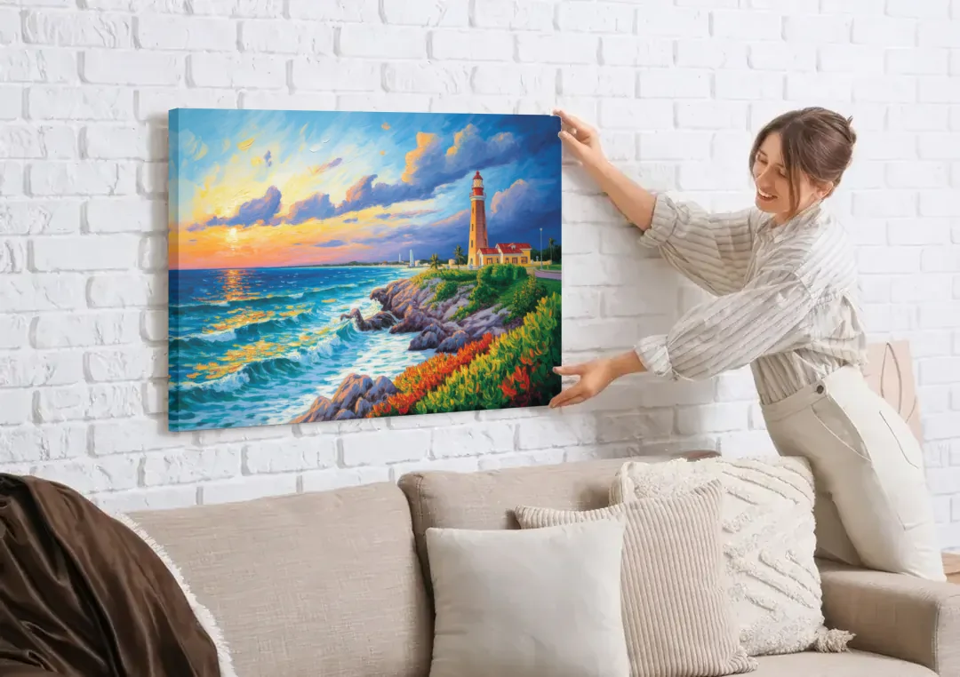 Punta Cancún Lighthouse canvas wall art being hung on a white brick wall above a sofa