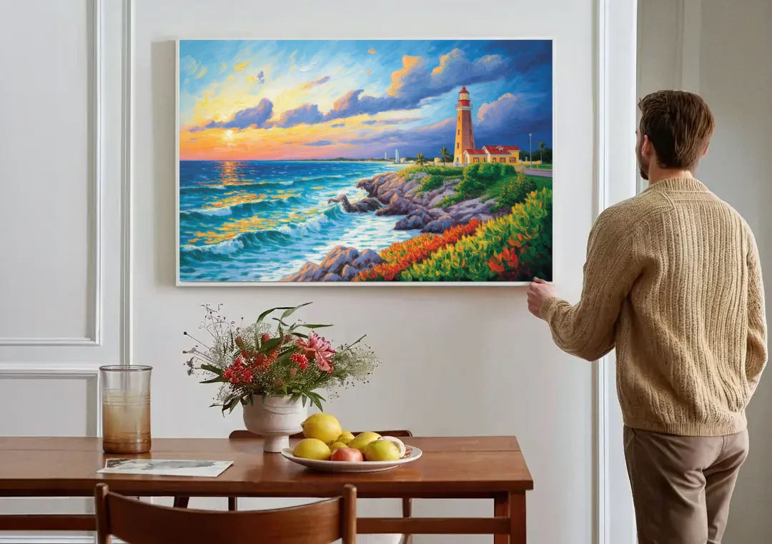 Punta Cancún Lighthouse canvas wall art above a dining table