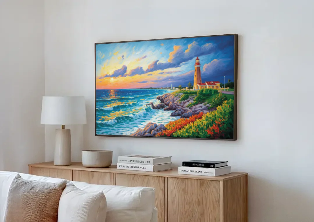 Punta Cancún Lighthouse canvas wall art above a wooden sideboard next to a sofa