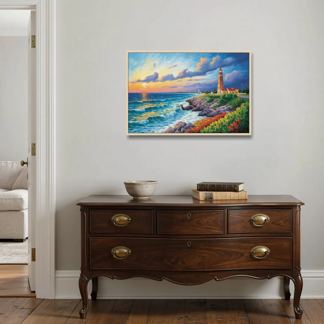 Punta Cancún Lighthouse - Oak Framed Canvas Wall Art - Coffee Table - 36x24