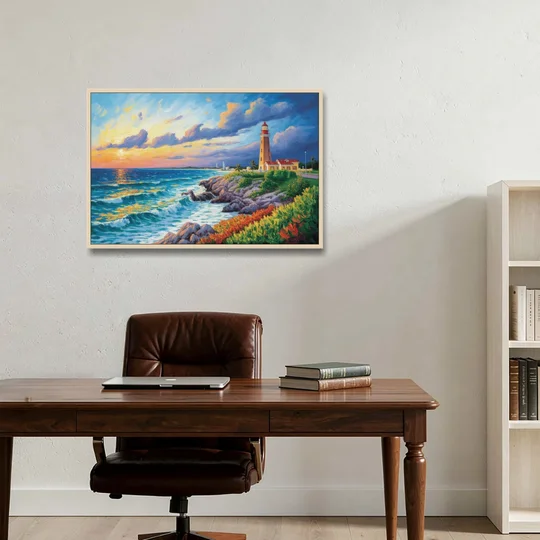 Punta Cancún Lighthouse - Oak Framed Canvas Wall Art - Office - 36x24