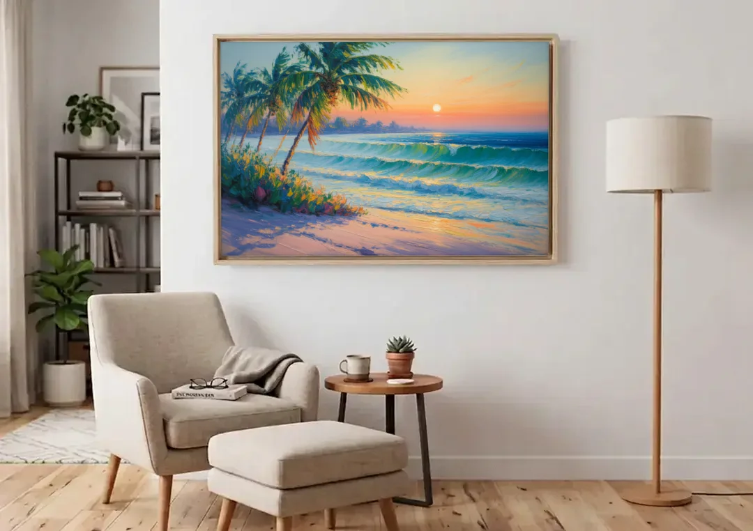 Punta Mita Sunrise canvas wall art above an armchair in a bright living room