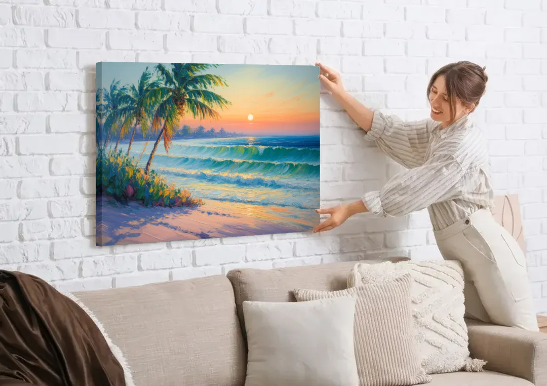 Punta Mita Sunrise canvas wall art being hung on a white brick wall above a sofa