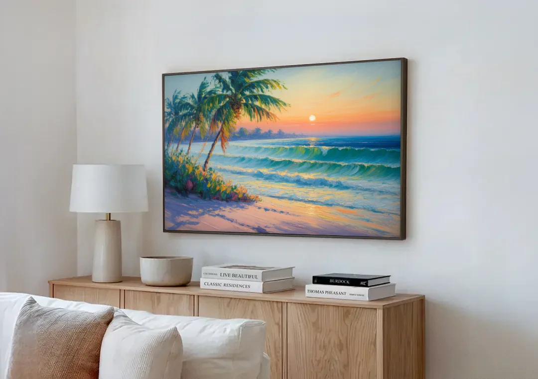 Punta Mita Sunrise canvas wall art above a wooden sideboard next to a sofa