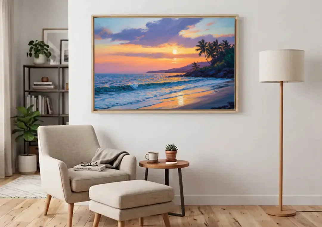 Punta Mita Sunset Coast canvas wall art above an armchair in a bright living room