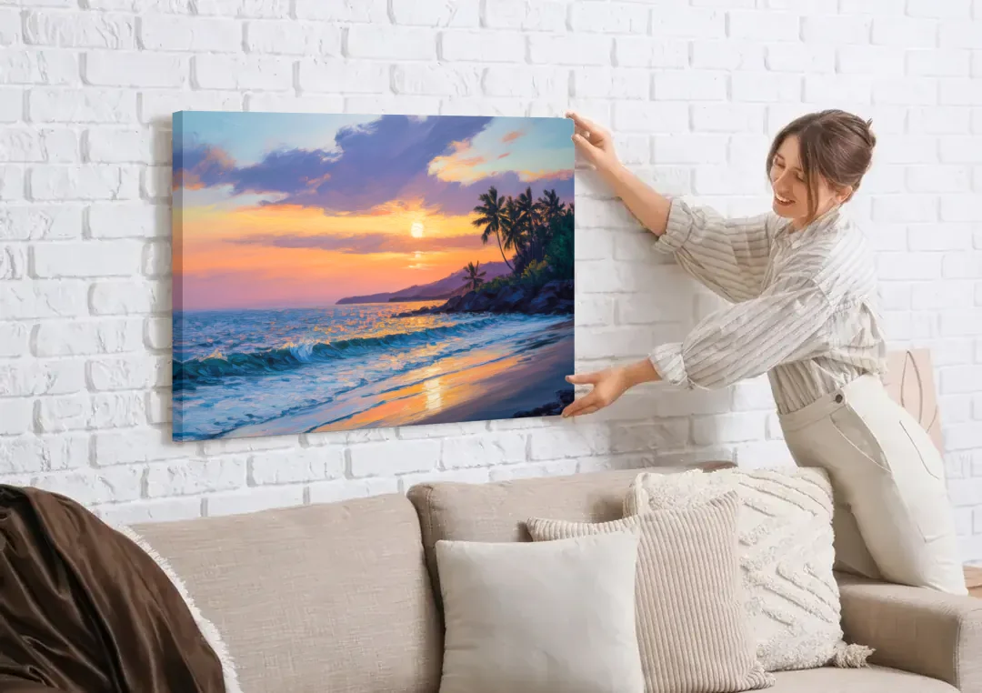 Punta Mita Sunset Coast canvas wall art being hung on a white brick wall above a sofa