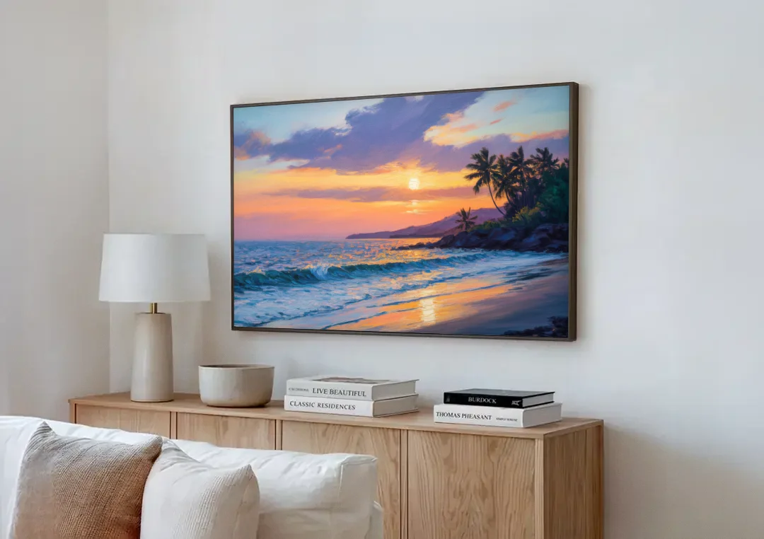 Punta Mita Sunset Coast canvas wall art above a wooden sideboard next to a sofa