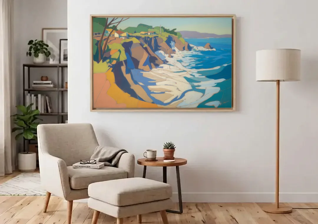 Punta Sayulita Cliffs canvas wall art above an armchair in a bright living room