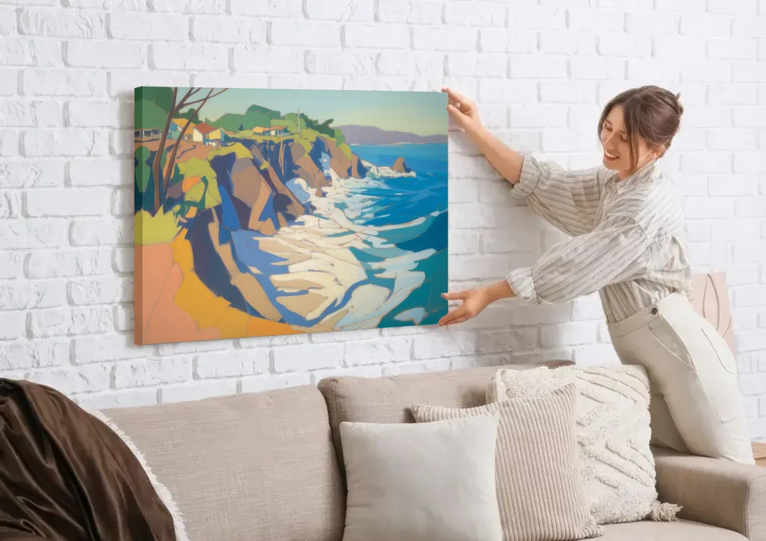 Punta Sayulita Cliffs canvas wall art being hung on a white brick wall above a sofa