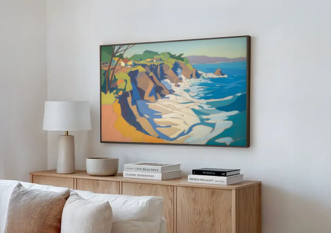 Punta Sayulita Cliffs canvas wall art above a wooden sideboard next to a sofa