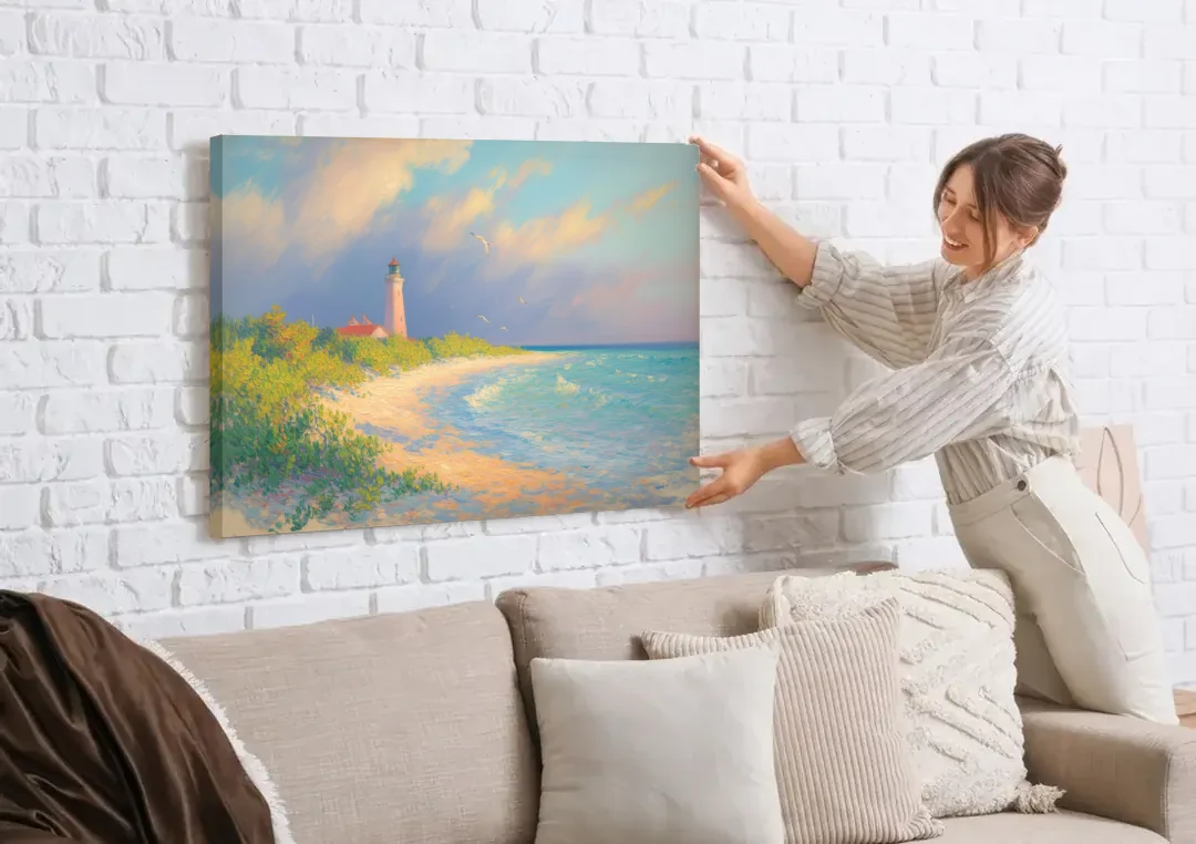 Punta Sur Lighthouse canvas wall art being hung on a white brick wall above a sofa
