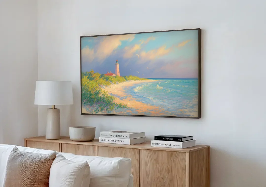 Punta Sur Lighthouse canvas wall art above a wooden sideboard next to a sofa