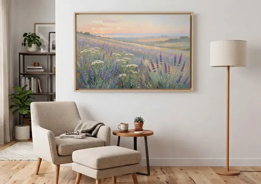 Purple Floral Wall Art of Lavender at Dawn canvas wall art above an armchair in a bright living room