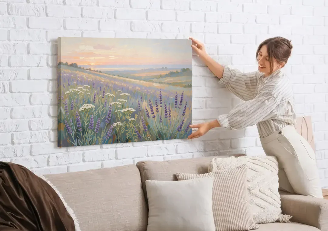 Purple Floral Wall Art of Lavender at Dawn canvas wall art being hung on a white brick wall above a sofa