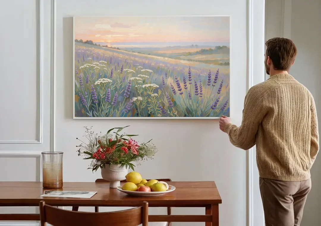 Purple Floral Wall Art of Lavender at Dawn canvas wall art above a dining table