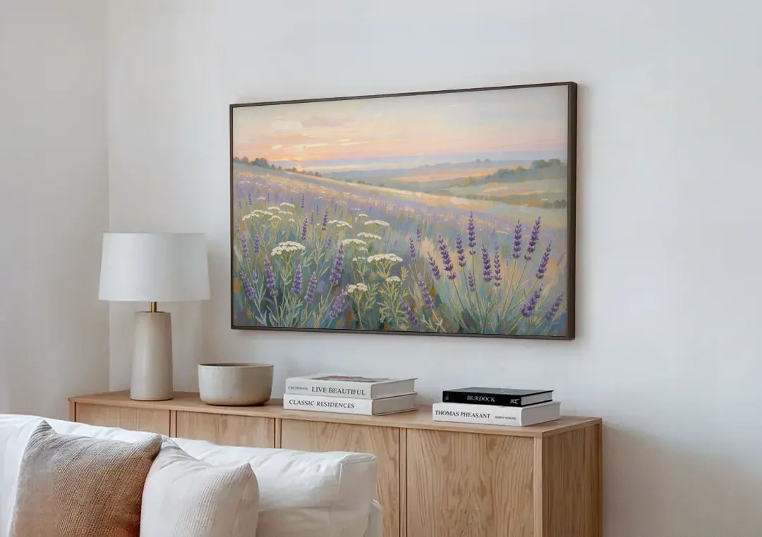 Purple Floral Wall Art of Lavender at Dawn canvas wall art above a wooden sideboard next to a sofa