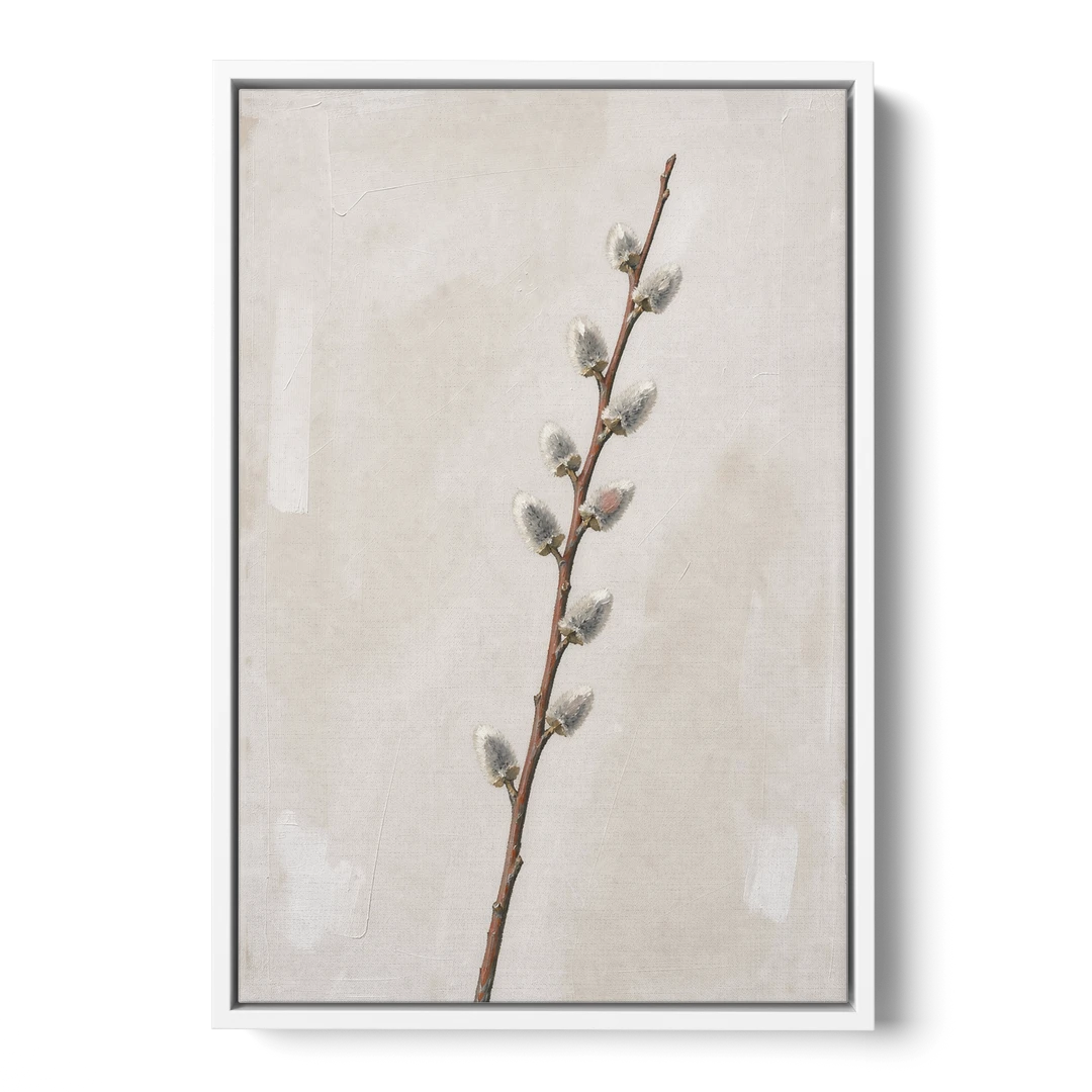 Pussy Willow Branch with Silver Catkins - White Framed Canvas Wall Art - Front