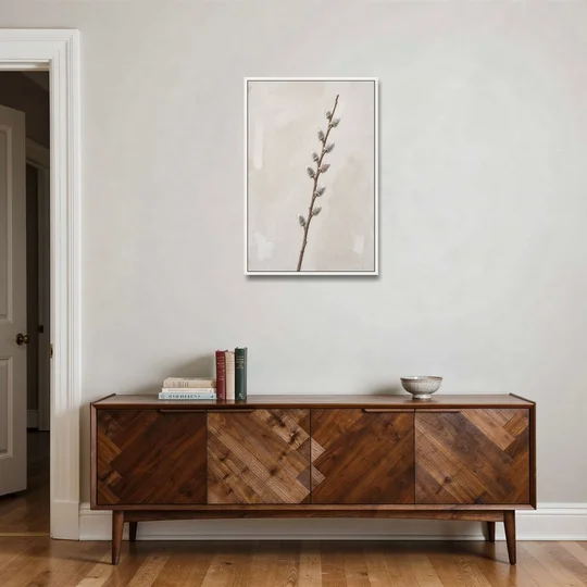 Pussy Willow Branch with Silver Catkins - White Framed Canvas Wall Art - Coffee Table - 24x36