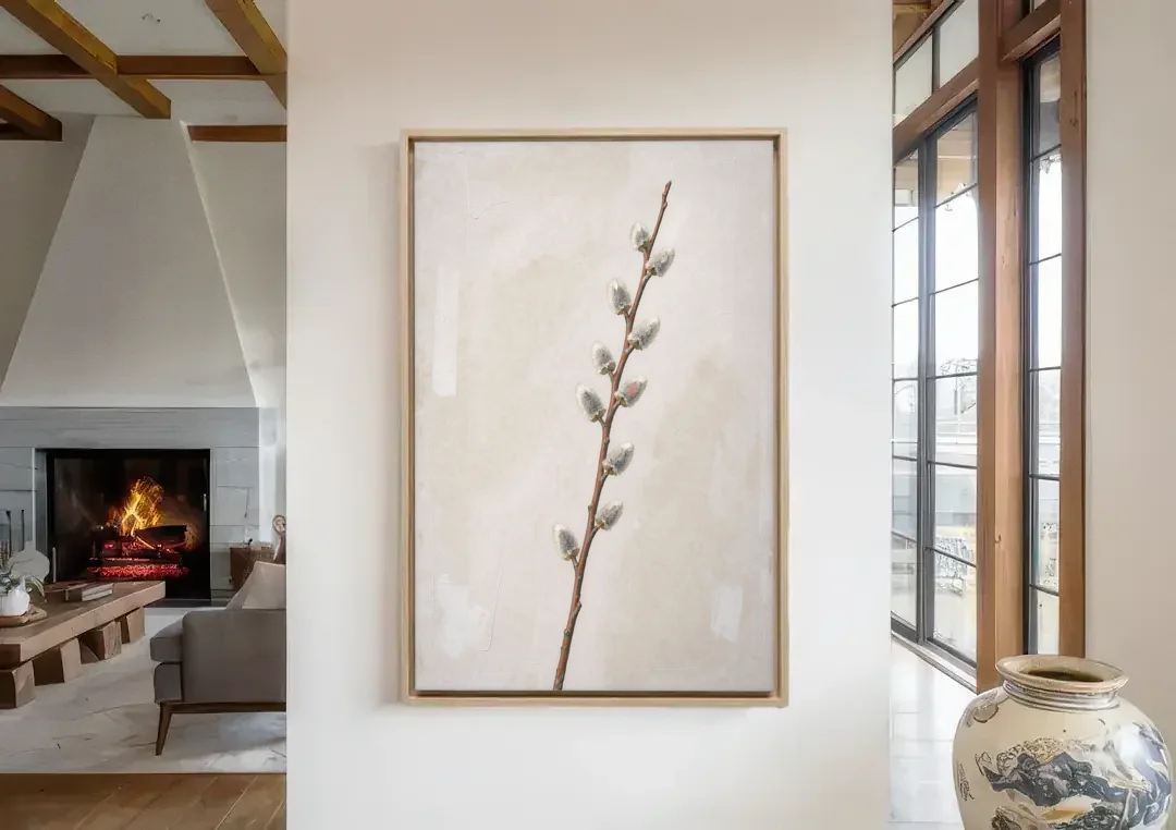 Pussy Willow Branch with Silver Catkins canvas wall art in a living room with a fireplace