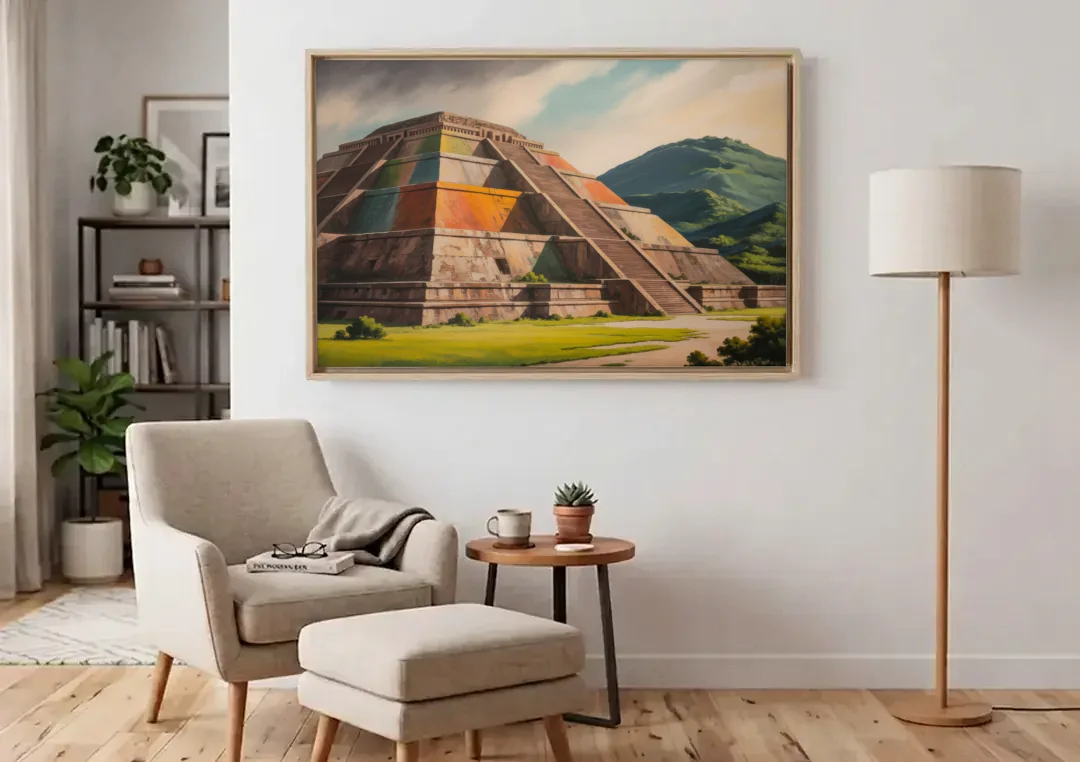 Pyramid of the Moon canvas wall art above an armchair in a bright living room