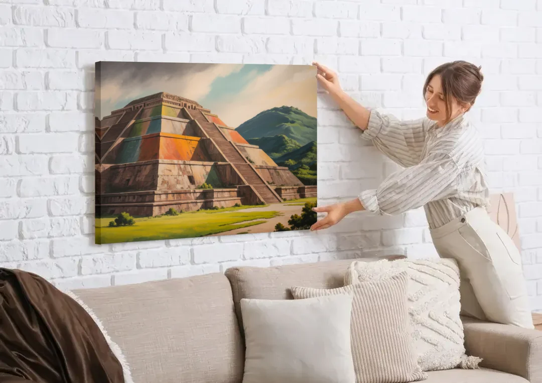 Pyramid of the Moon canvas wall art being hung on a white brick wall above a sofa