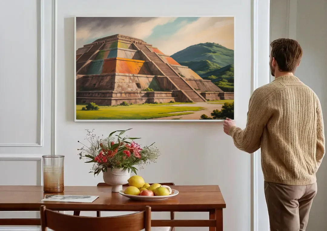 Pyramid of the Moon canvas wall art above a dining table