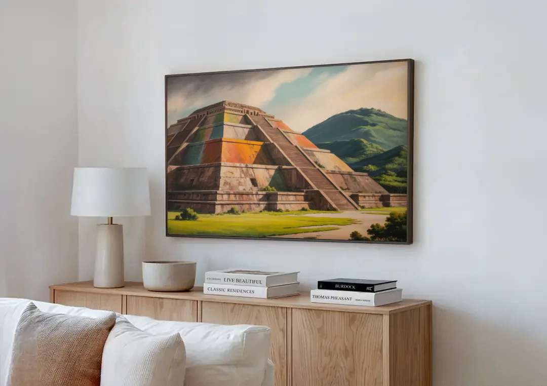 Pyramid of the Moon canvas wall art above a wooden sideboard next to a sofa