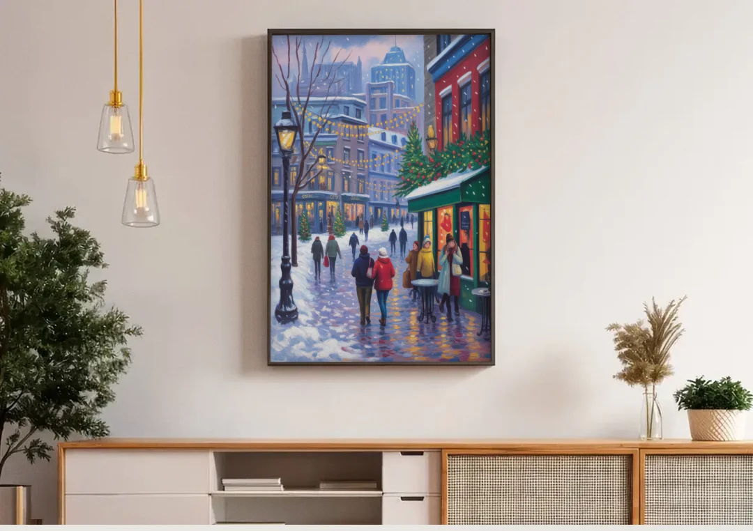 Quebec City Christmas Lights canvas wall art above a wooden sideboard under pendant lights