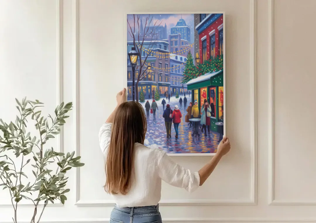 Quebec City Christmas Lights canvas wall art being hung on a paneled wall