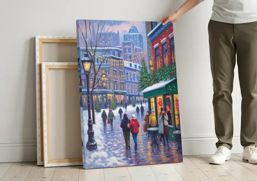 Quebec City Christmas Lights canvas wall art leaning against a wall next to blank canvases