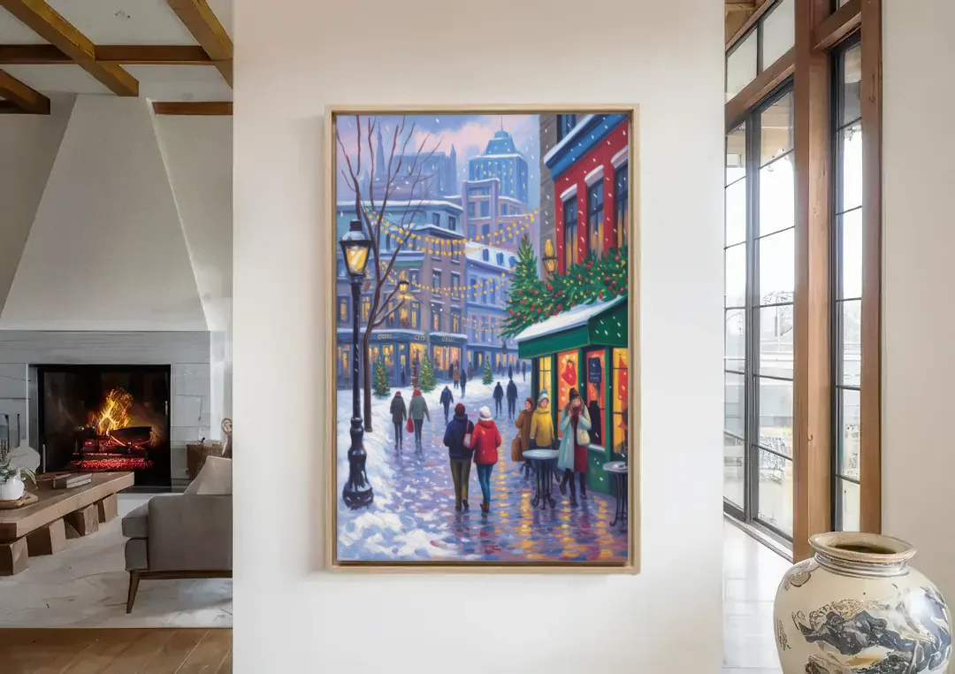 Quebec City Christmas Lights canvas wall art in a living room with a fireplace