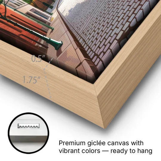 Quebec City Cobblestone Road - Oak Framed Canvas Wall Art - Gallery Wrap Corner