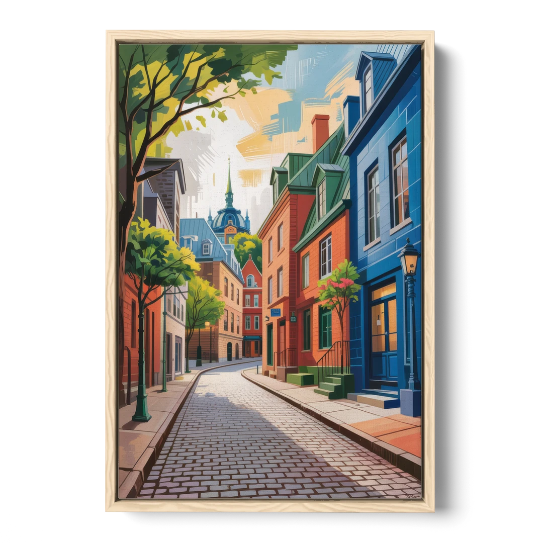 Quebec City Cobblestone Road - Oak Framed Canvas Wall Art - Front