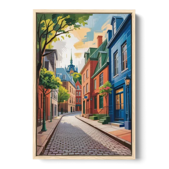 Quebec City Cobblestone Road - Oak Framed Canvas Wall Art - Front