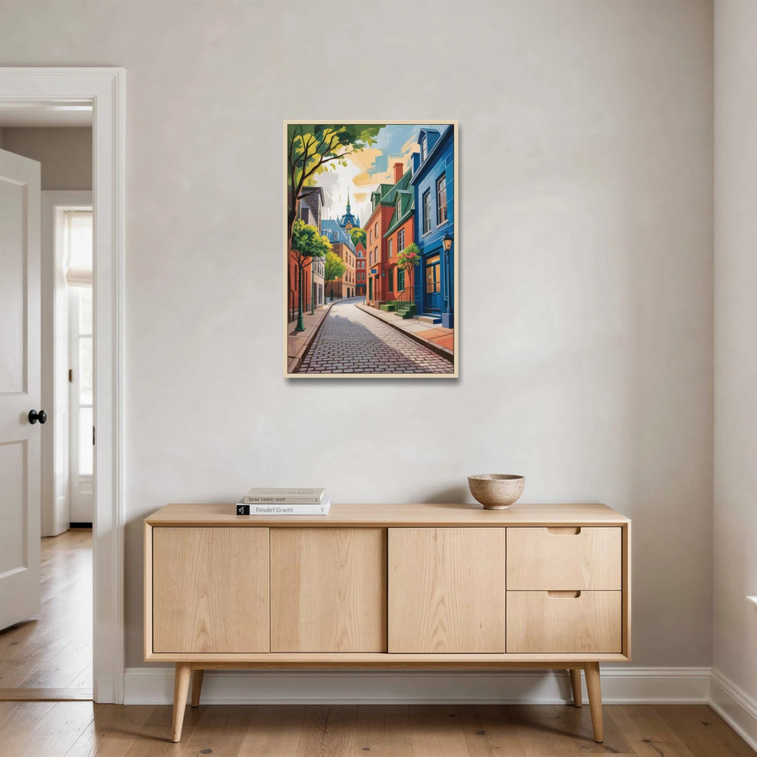 Quebec City Cobblestone Road - Oak Framed Canvas Wall Art - Coffee Table - 24x36