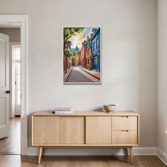 Quebec City Cobblestone Road - Oak Framed Canvas Wall Art - Coffee Table - 24x36